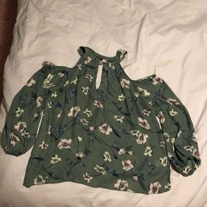Charlotte Russe open shoulder olive floral blouse
